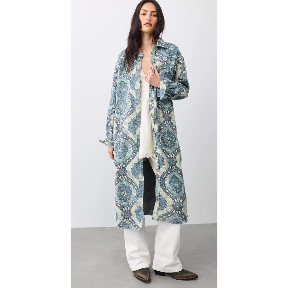 Free People We The Free Brick Lane Jacquard Maxi Duster Shacket Dress Blue M